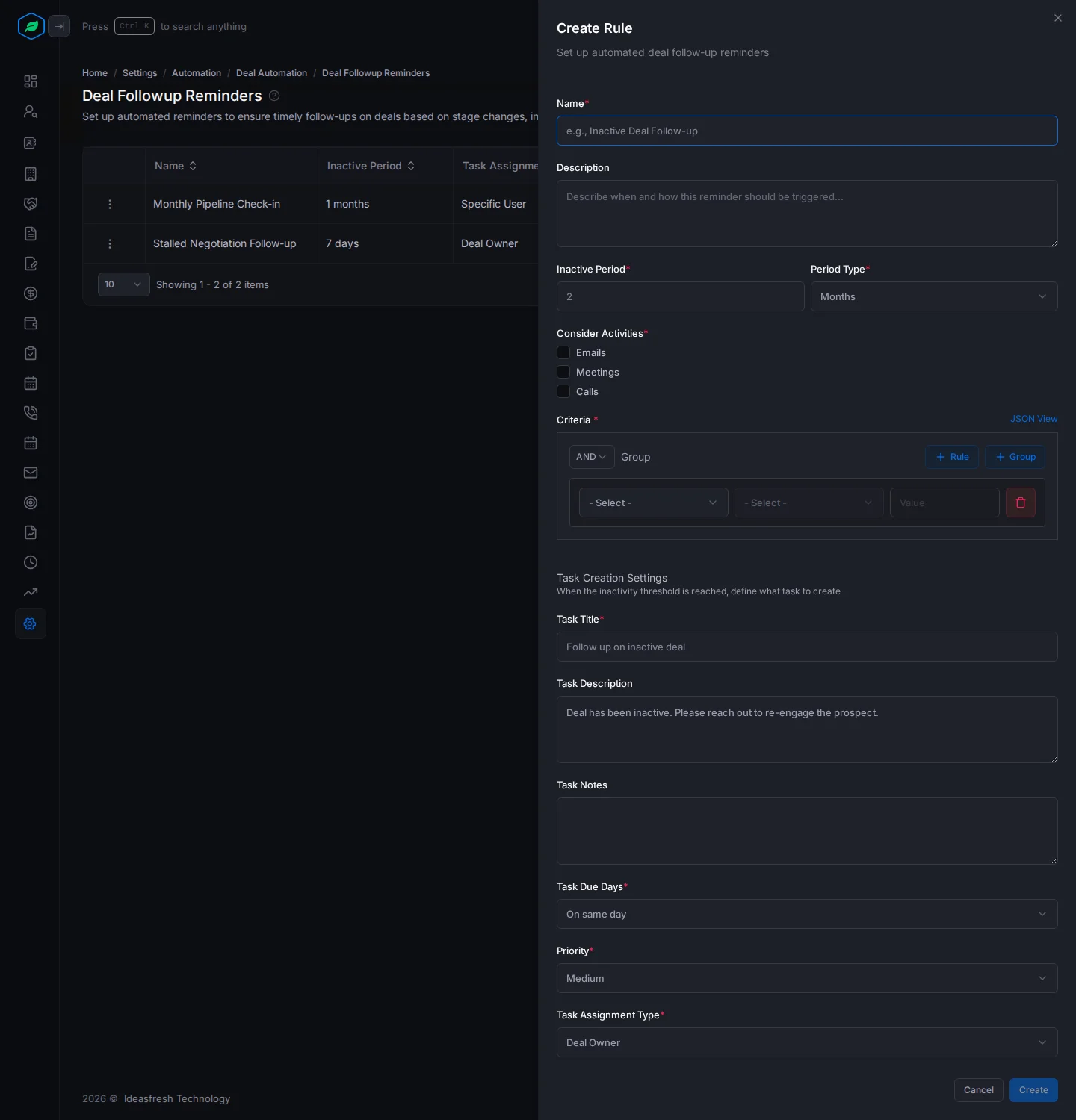 The Create Rule panel for a deal follow-up reminder with the inactive period, activities, criteria and task settings