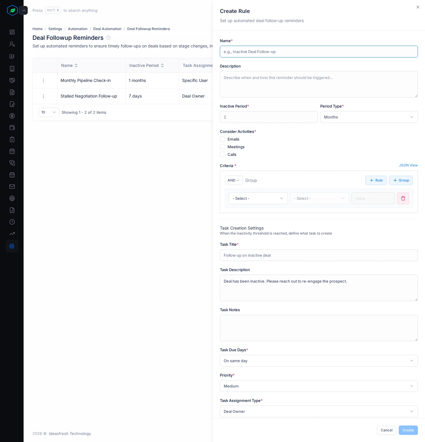 The Create Rule panel for a deal follow-up reminder with the inactive period, activities, criteria and task settings