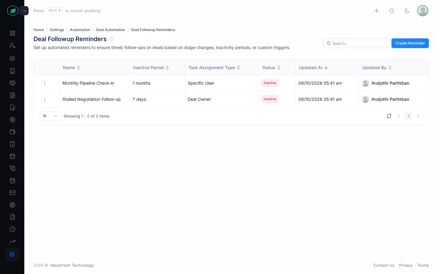 The Deal Followup Reminders page with columns for name, inactive period, status and task assignment