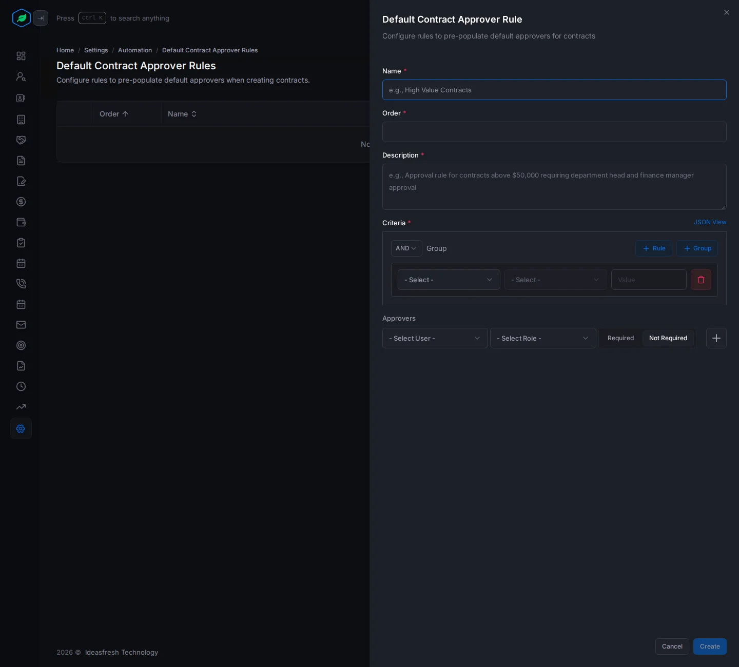 The Default Contract Approver Rule panel with Name, Order, Description, Criteria and Approvers