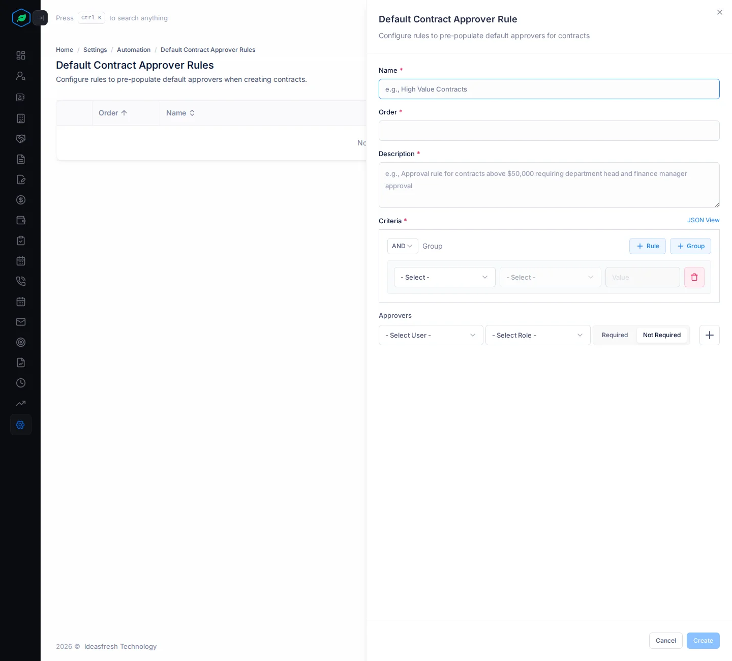 The Default Contract Approver Rule panel with Name, Order, Description, Criteria and Approvers