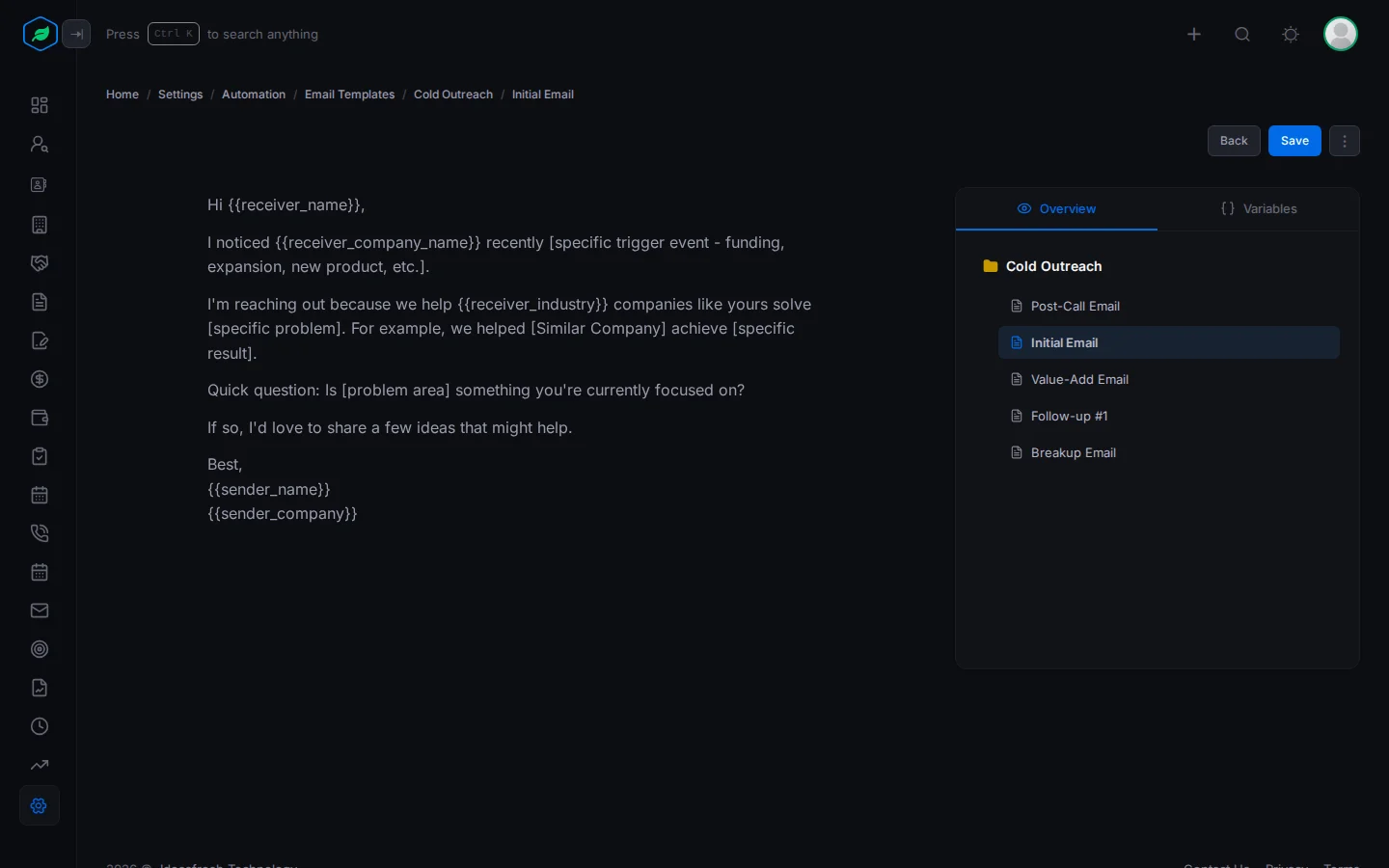 The content editor with the email text on the left, and the Overview and Variables tabs on the right