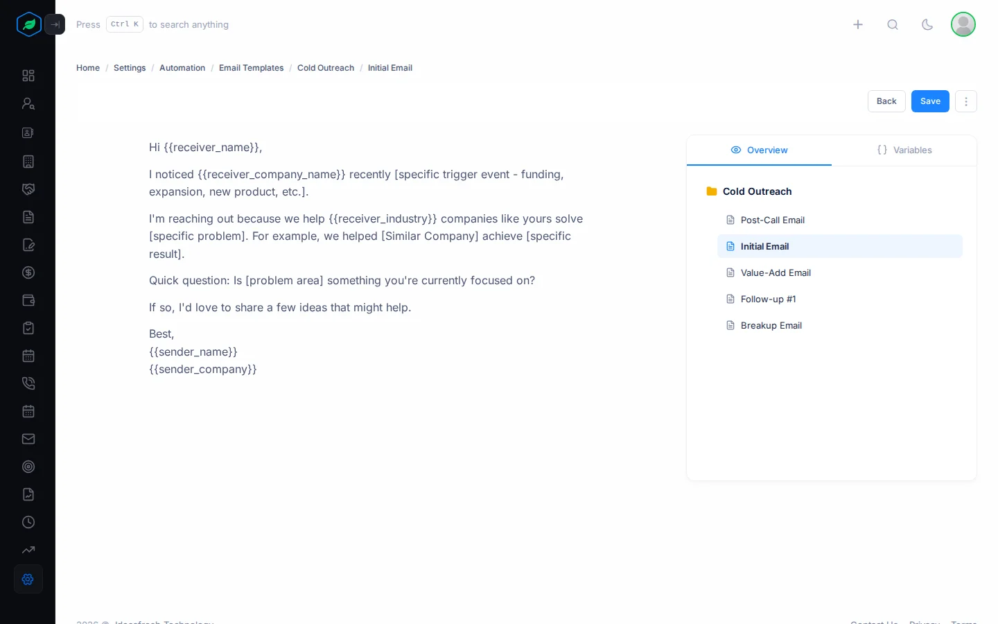 The content editor with the email text on the left, and the Overview and Variables tabs on the right