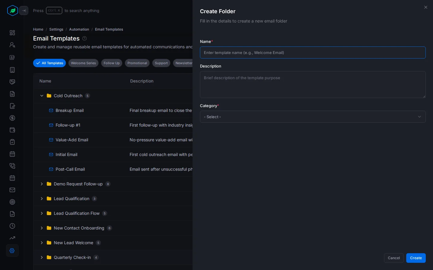 The Create Folder panel with Name, Description and Category