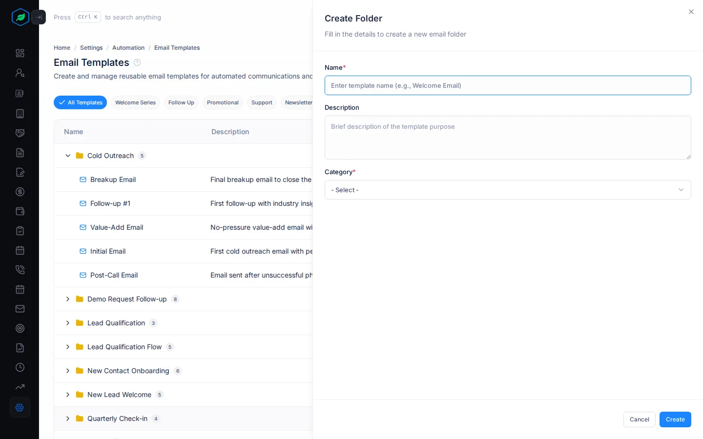 The Create Folder panel with Name, Description and Category