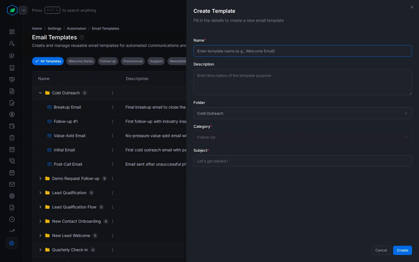 The Create Template panel with Name, Description, Folder, Category and Subject
