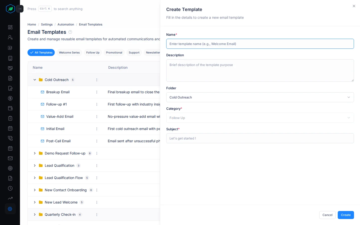 The Create Template panel with Name, Description, Folder, Category and Subject