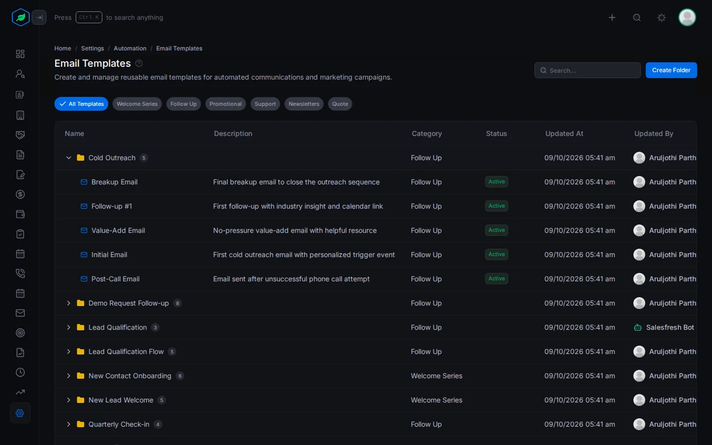 The Email Templates page with folders expanded to show their templates