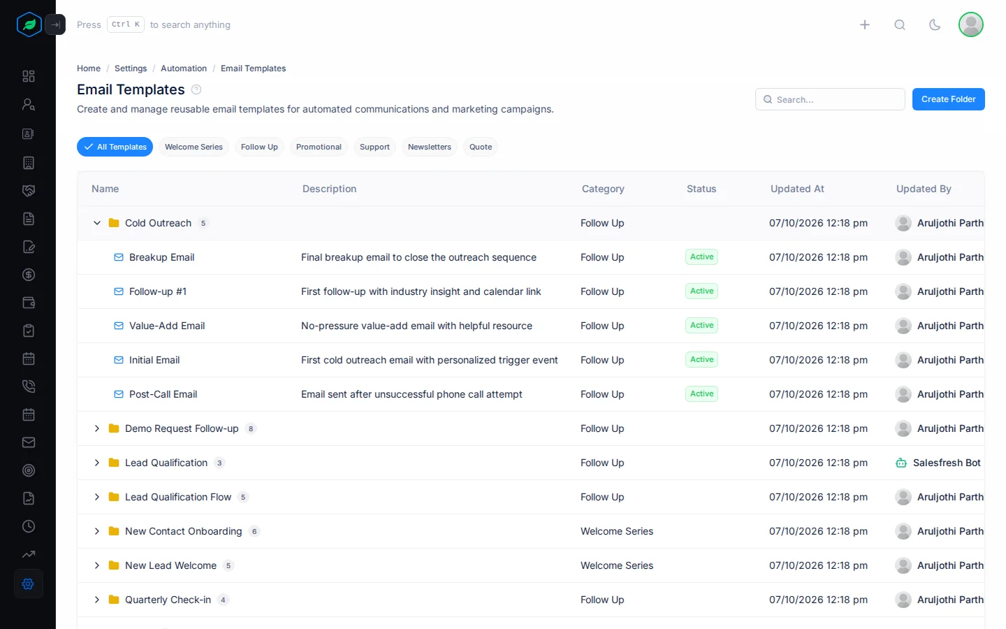 The Email Templates page with folders expanded to show their templates