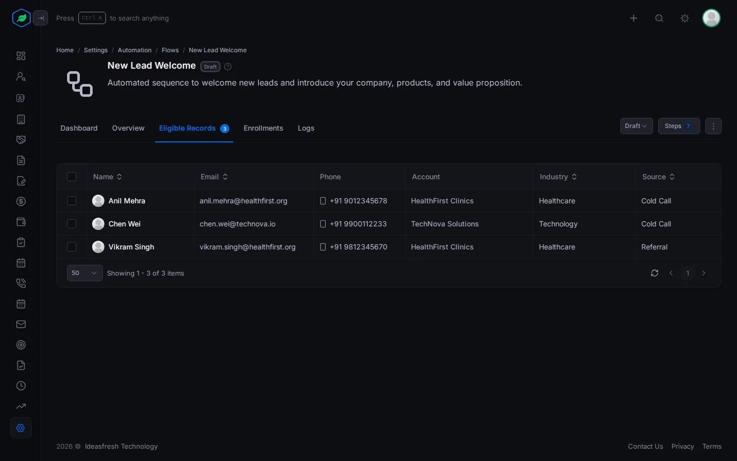 The Eligible Records tab listing the contacts that meet the flow's conditions