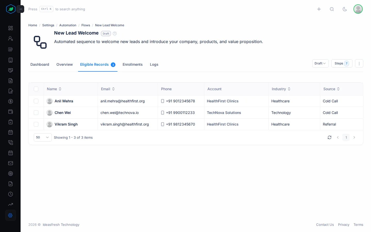 The Eligible Records tab listing the contacts that meet the flow's conditions