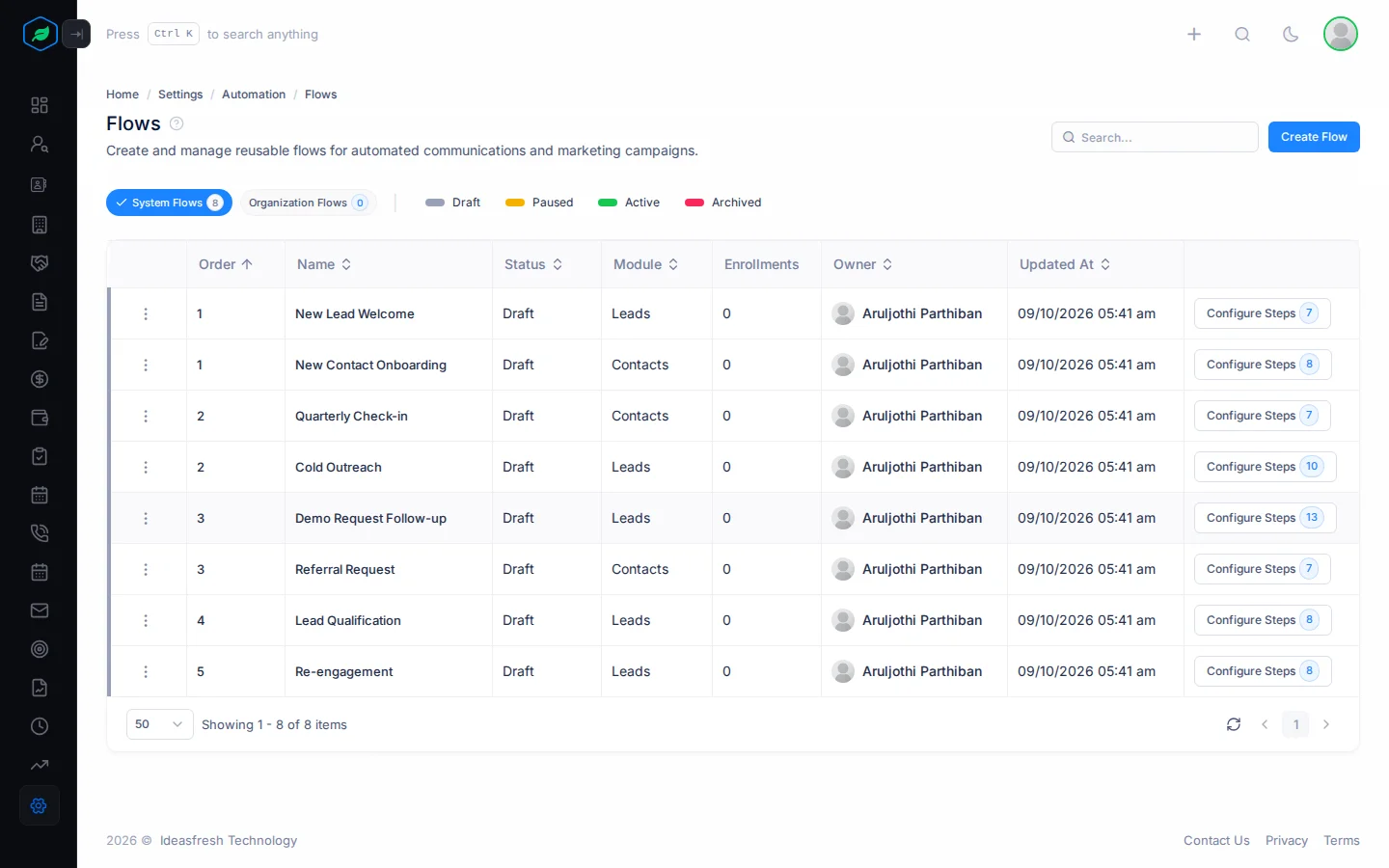 The Flows page with the System and Organization tabs and a row per flow
