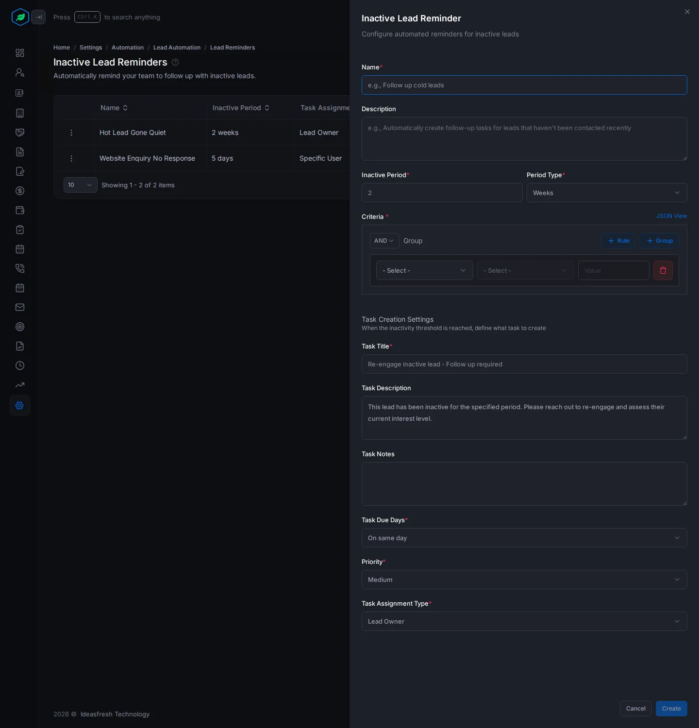 The Inactive Lead Reminder panel with the inactive period, criteria and task settings
