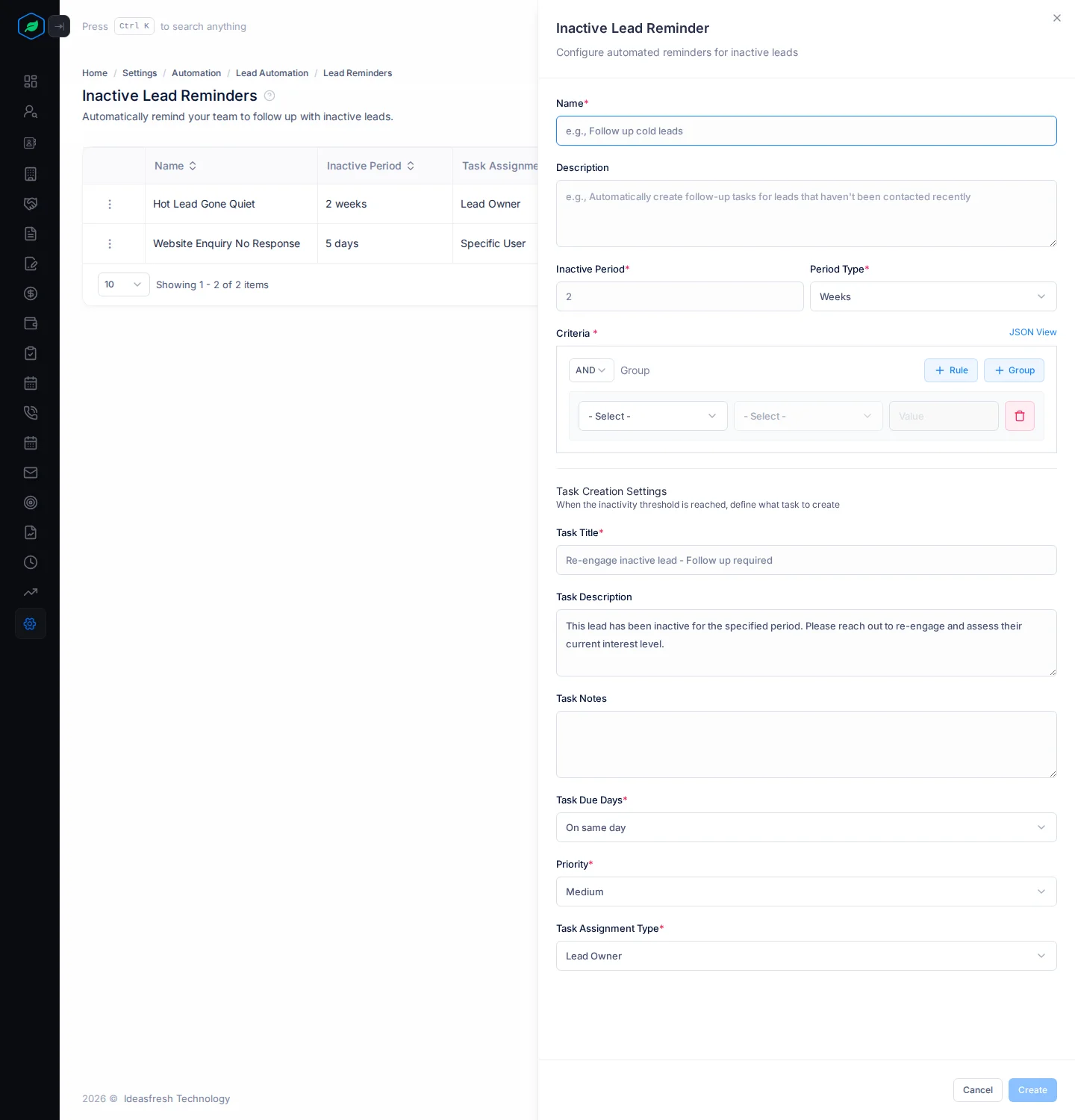 The Inactive Lead Reminder panel with the inactive period, criteria and task settings