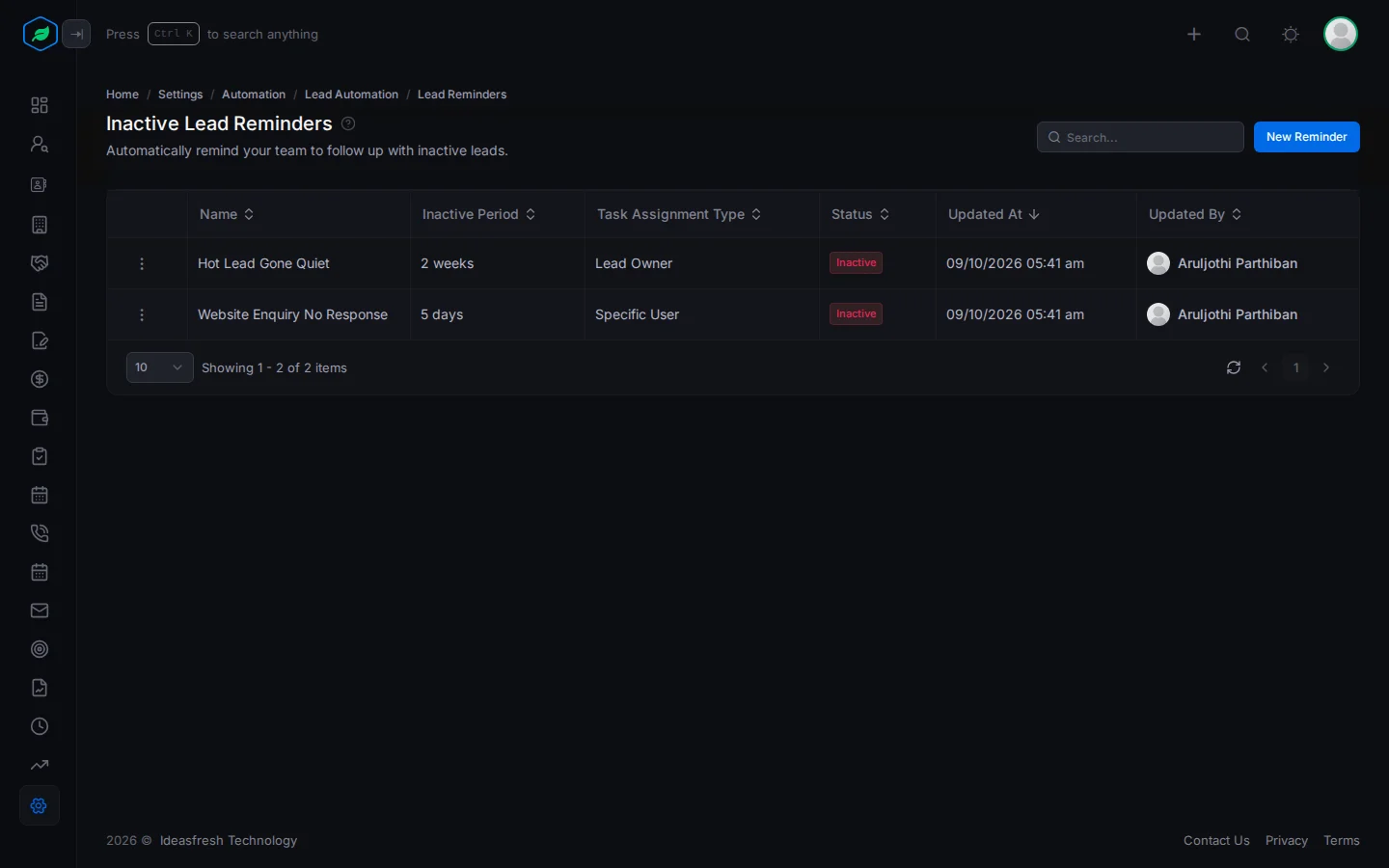 The Inactive Lead Reminders list with each reminder's period, assignment type and status