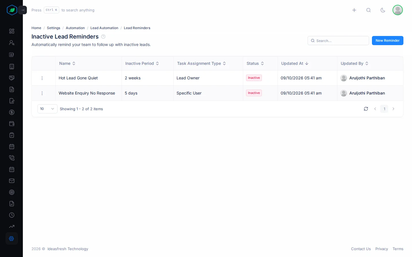 The Inactive Lead Reminders list with each reminder's period, assignment type and status