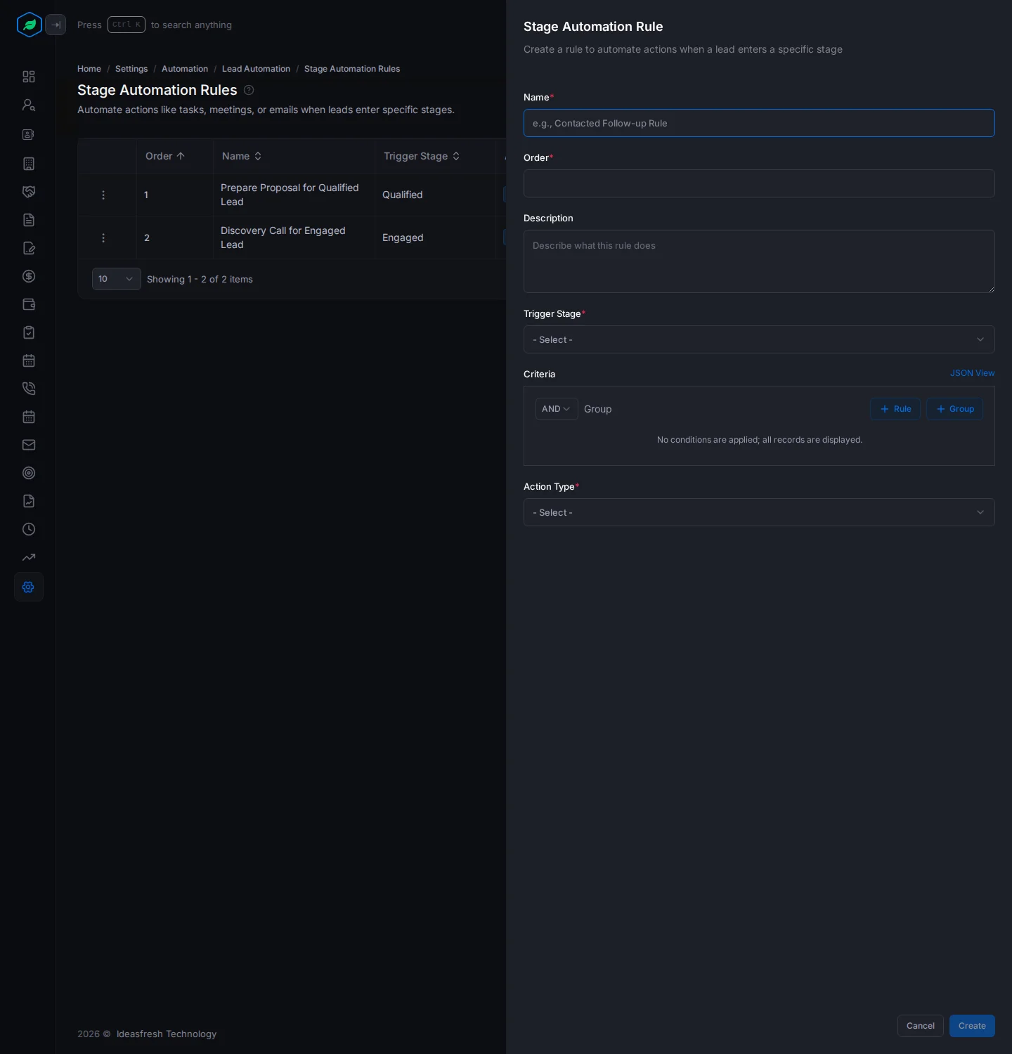 The Stage Automation Rule panel with name, order, description, trigger stage, criteria and action type