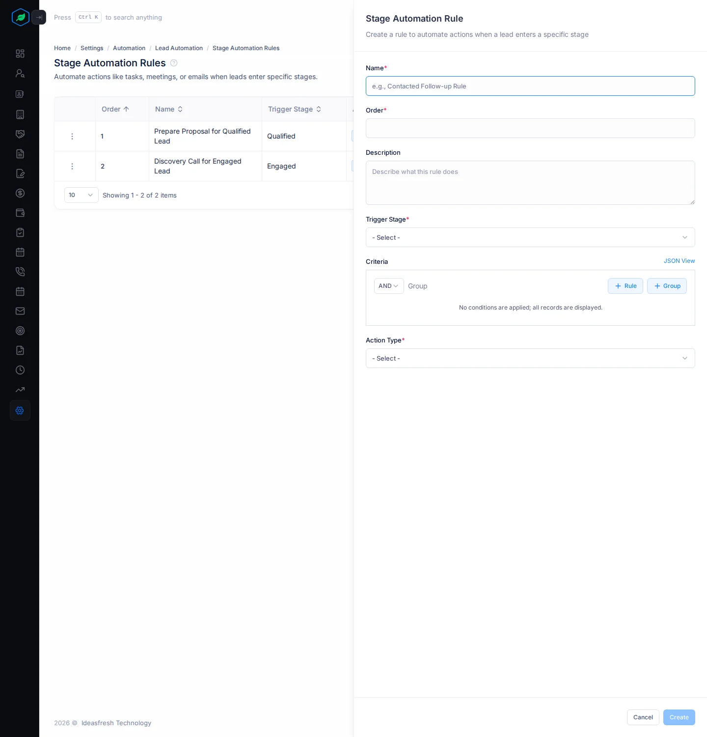 The Stage Automation Rule panel with name, order, description, trigger stage, criteria and action type
