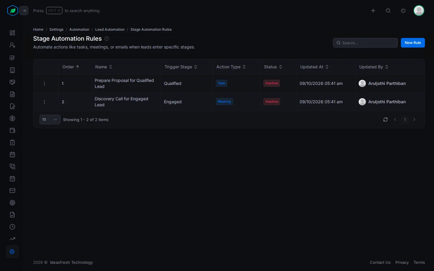 The Stage Automation Rules page with columns for order, name, trigger stage, action type and status