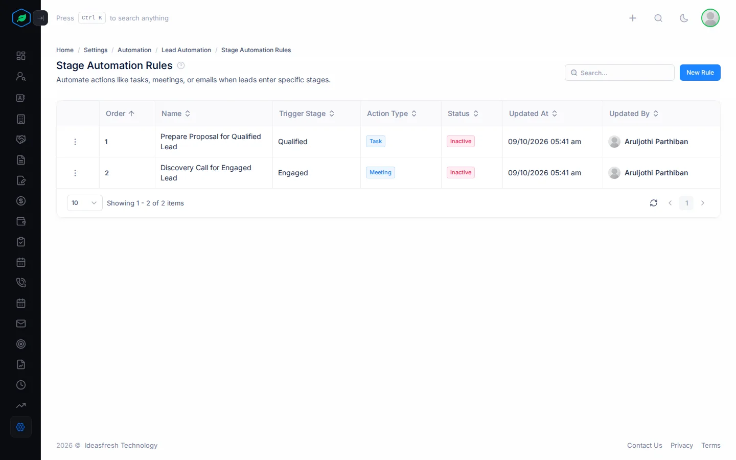 The Stage Automation Rules page with columns for order, name, trigger stage, action type and status