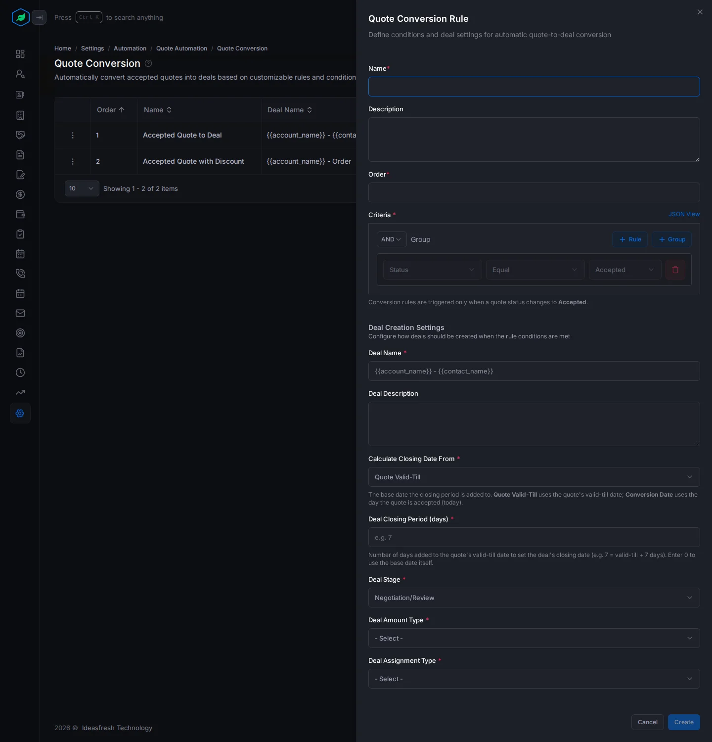 The Quote Conversion Rule panel with the name, order, criteria and deal creation settings