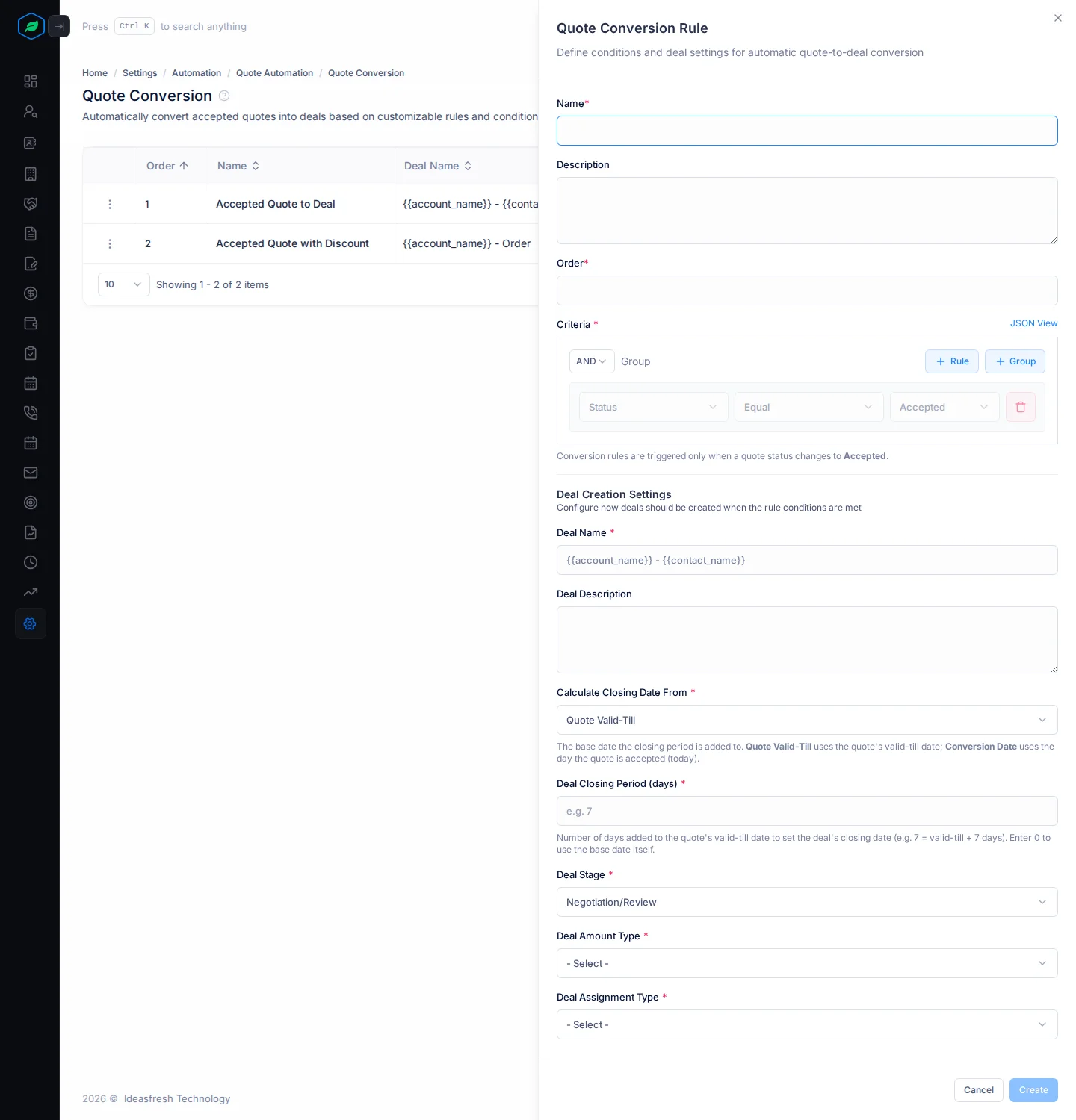 The Quote Conversion Rule panel with the name, order, criteria and deal creation settings