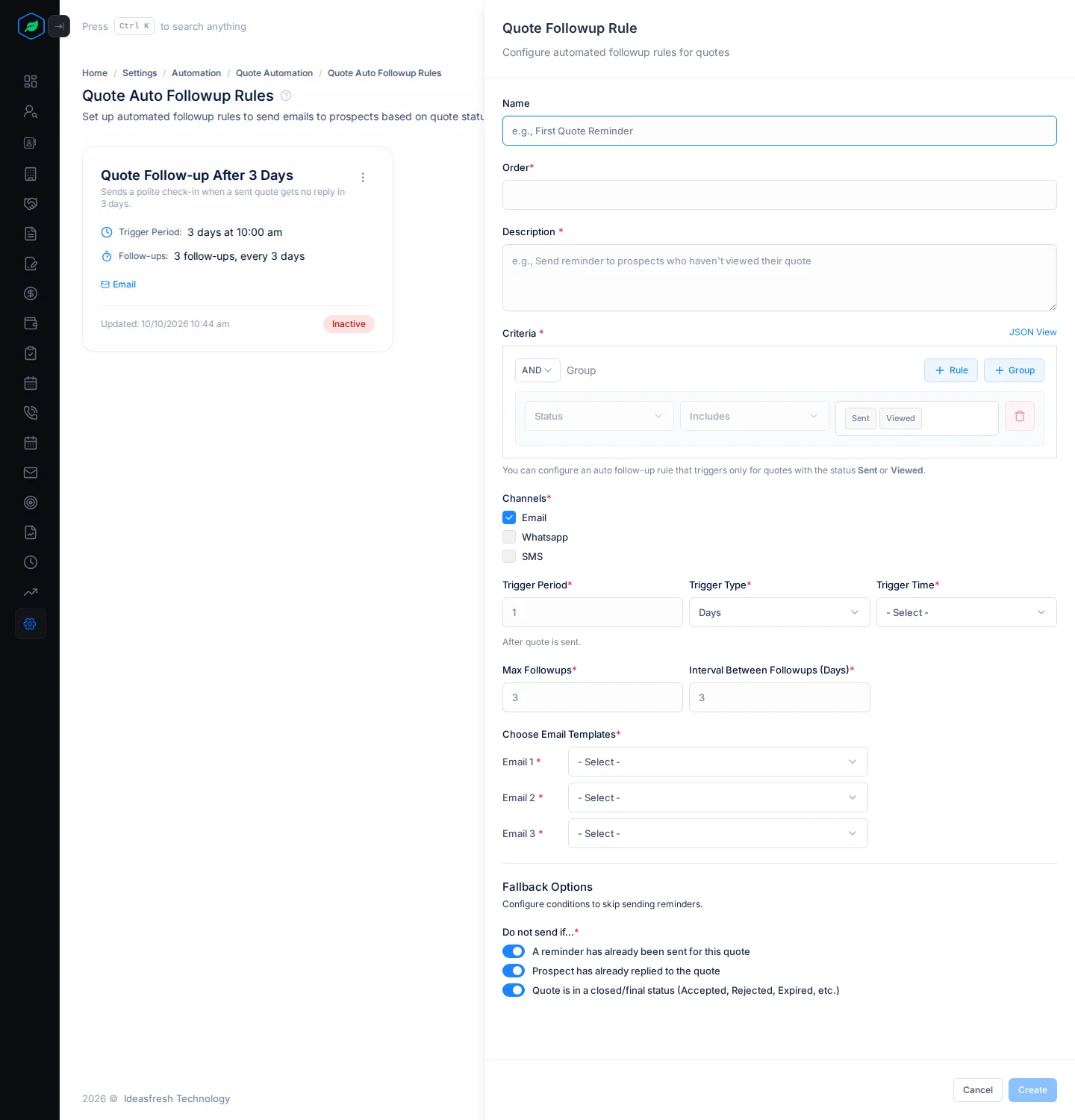 The Quote Followup Rule panel with name, order, criteria, channels, trigger, follow-up count, email templates and fallback options