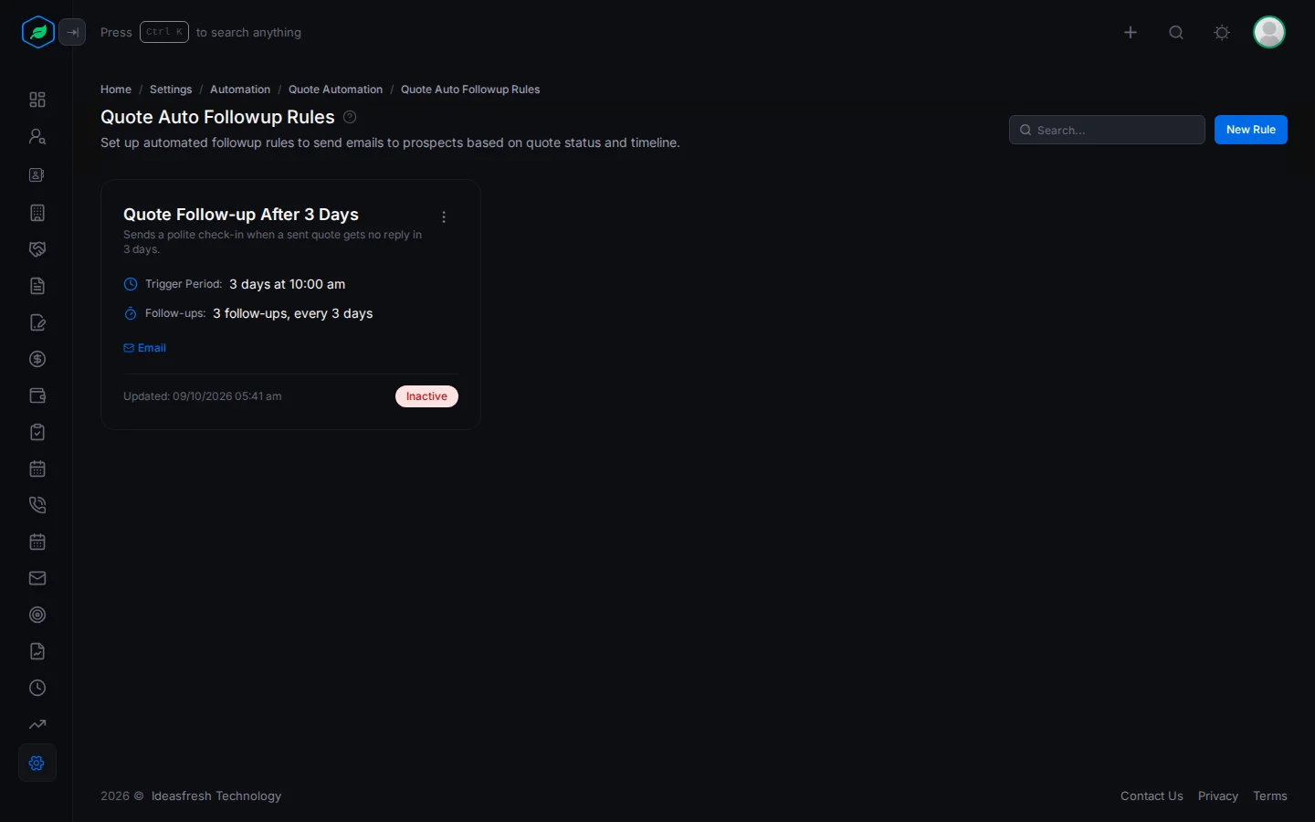 The Quote Auto Followup Rules page with a card for each rule showing its timing and follow-ups