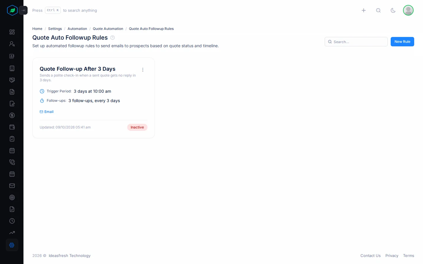 The Quote Auto Followup Rules page with a card for each rule showing its timing and follow-ups