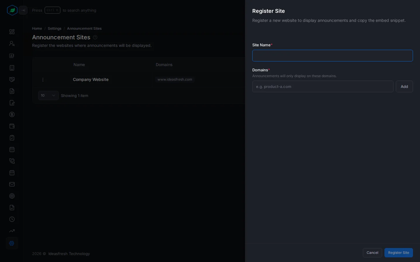 The Register Site panel with Site Name and Domains