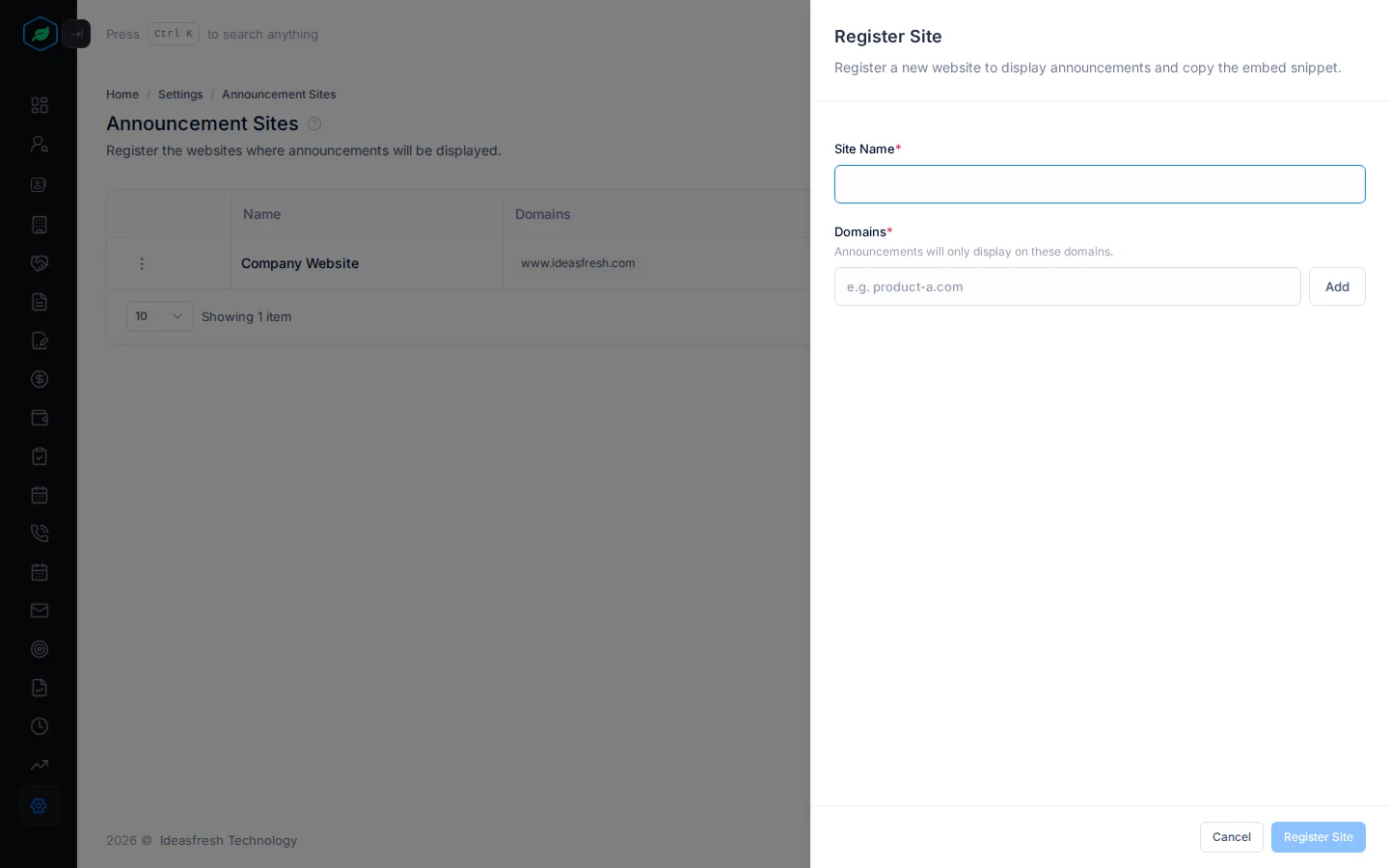 The Register Site panel with Site Name and Domains