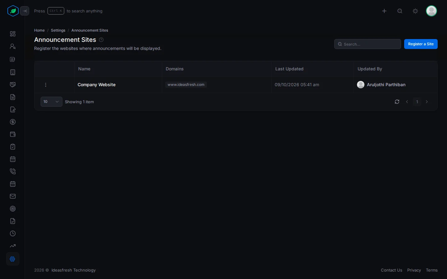 The Announcement Sites page listing each site with its domains