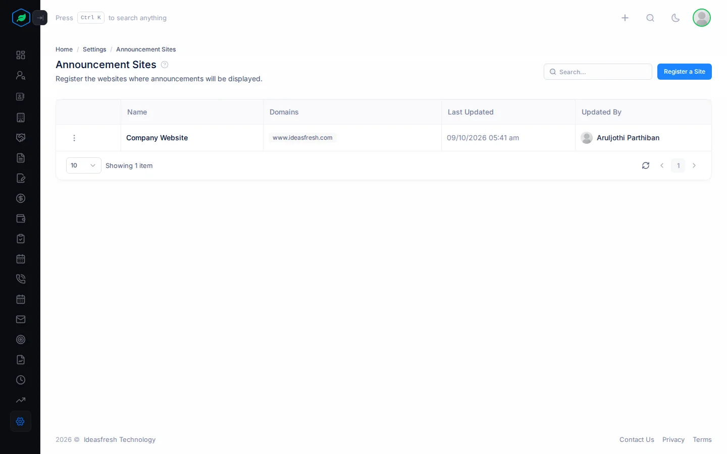 The Announcement Sites page listing each site with its domains