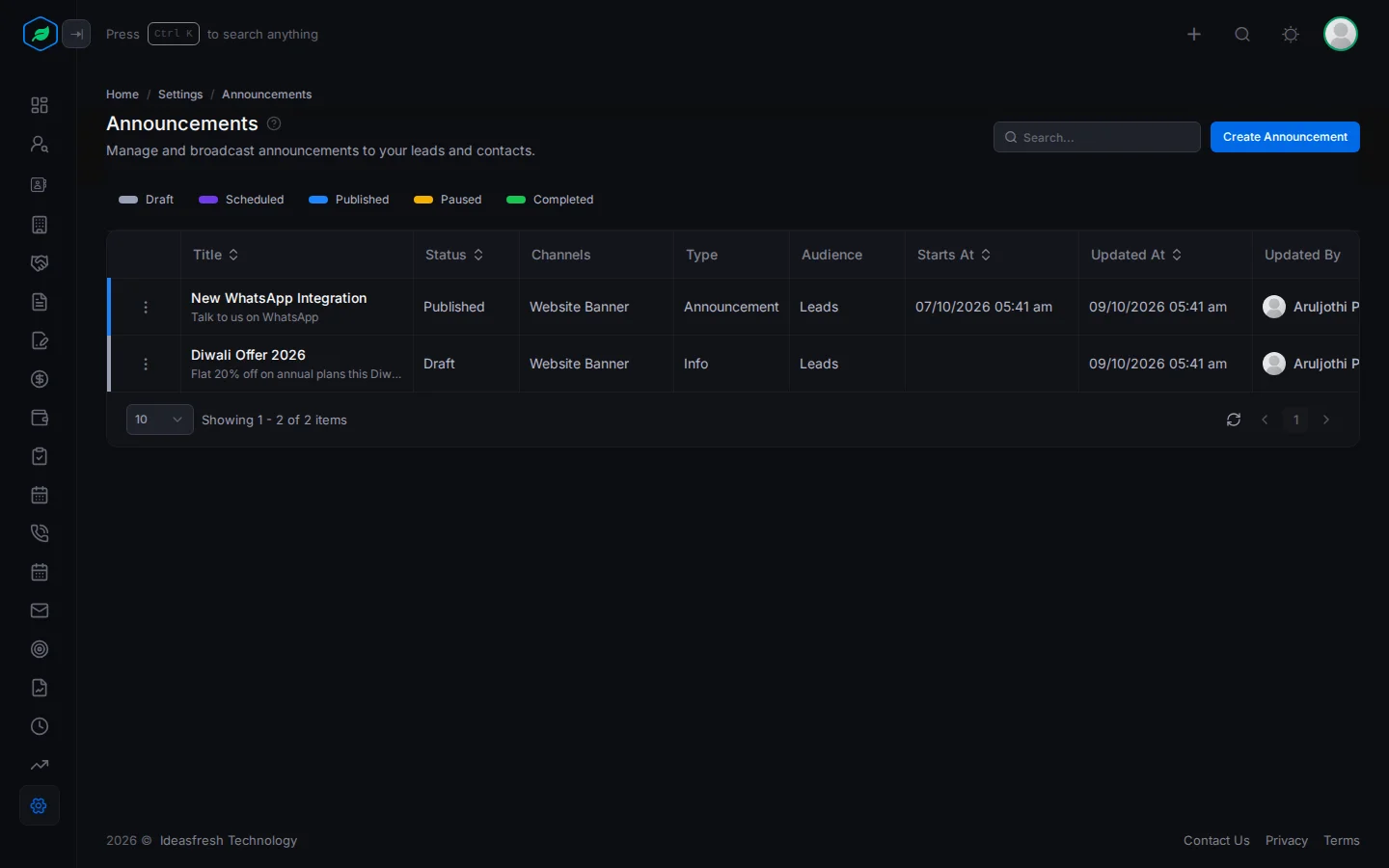 The Announcements page with the status legend and the Create Announcement button