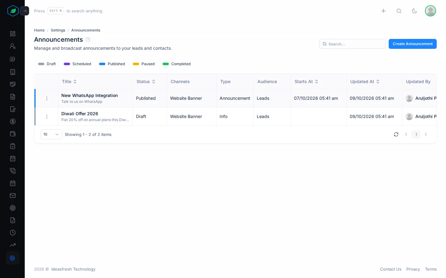 The Announcements page with the status legend and the Create Announcement button