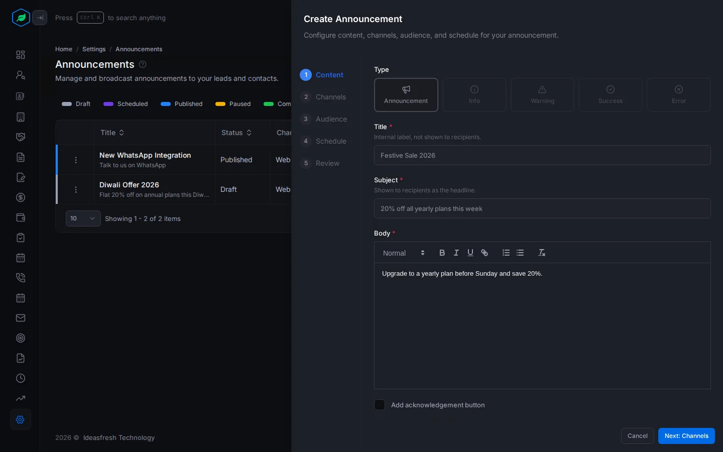 The Content step with Type, Title, Subject, Body and the acknowledgement button option
