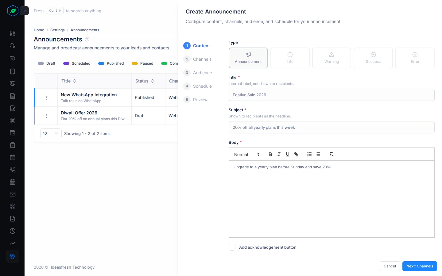 The Content step with Type, Title, Subject, Body and the acknowledgement button option