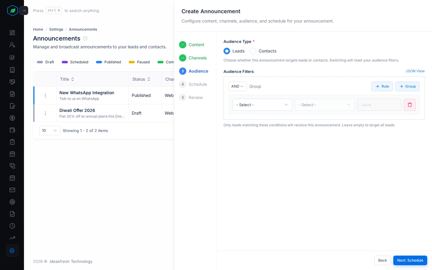 The Audience step with Leads picked and the Audience Filters
