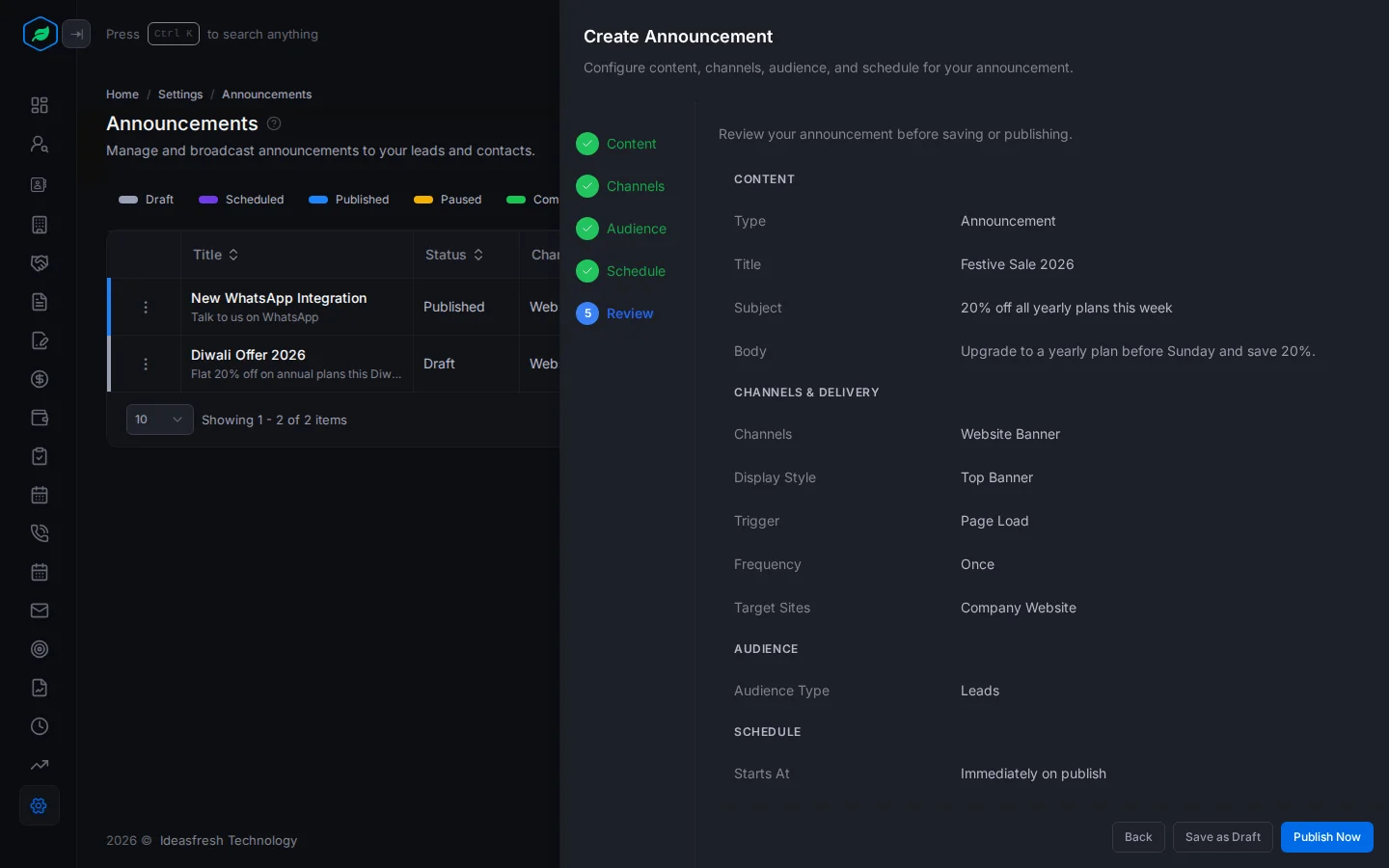 The Review step listing the content, channels, audience and schedule, with Save as Draft and Publish Now