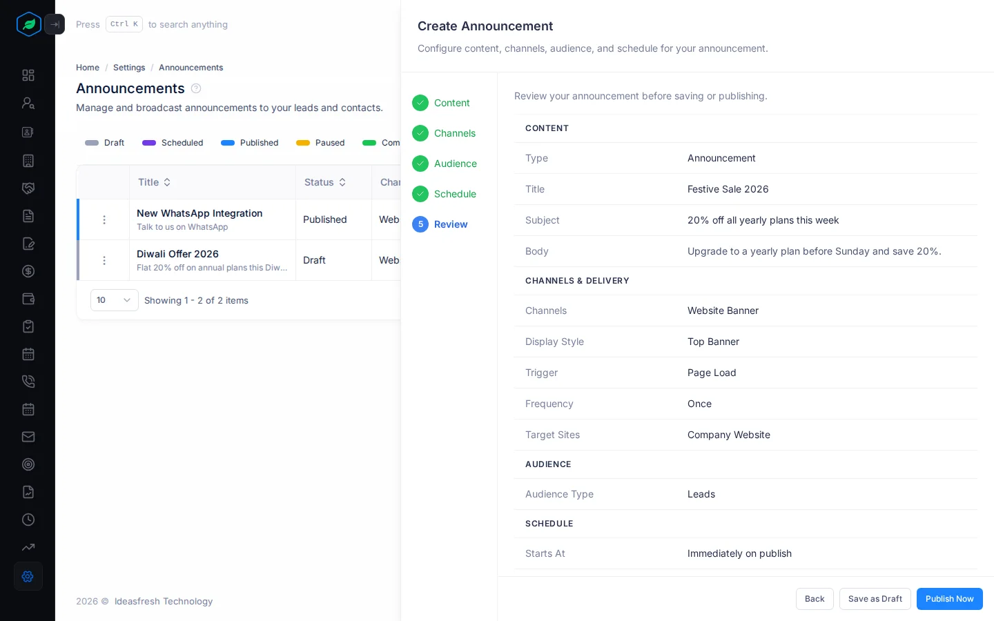 The Review step listing the content, channels, audience and schedule, with Save as Draft and Publish Now