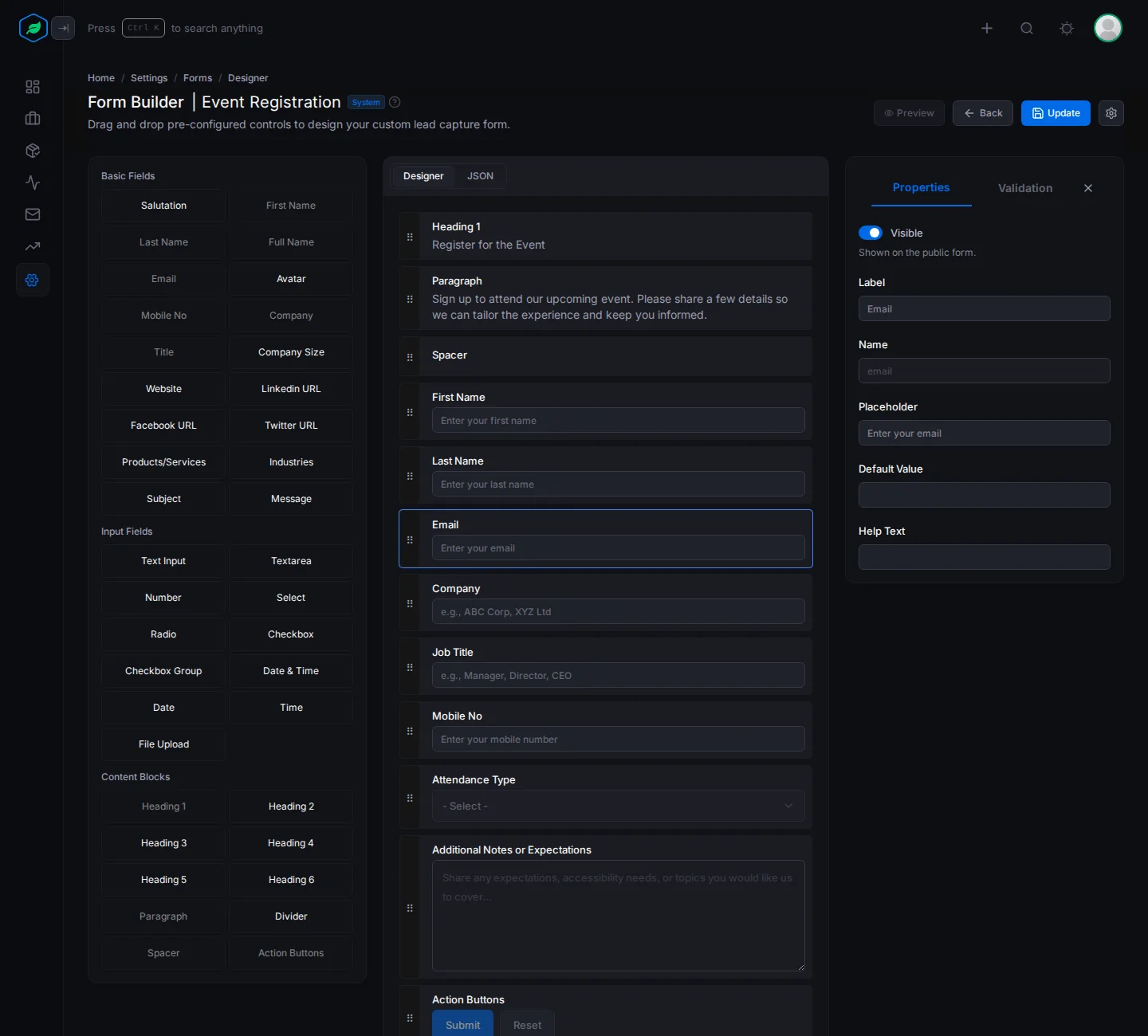 The Properties tab for the Email field, with Visible, Label, Name, Placeholder, Default Value and Help Text