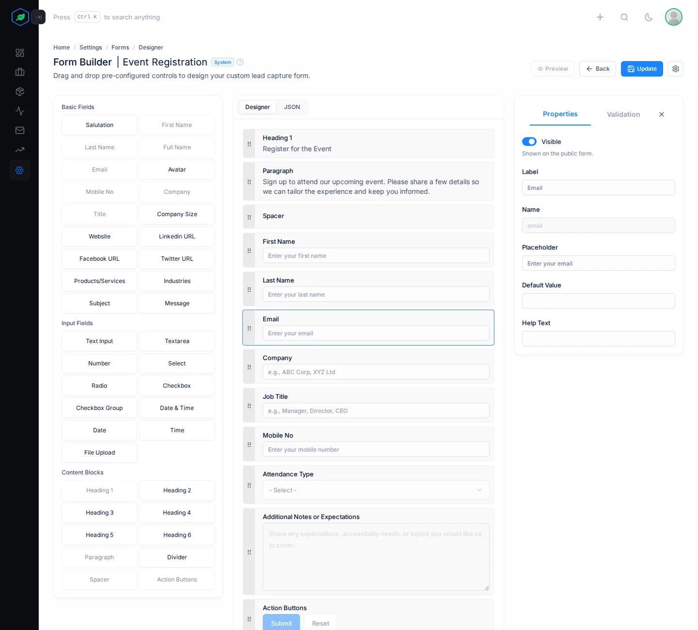 The Properties tab for the Email field, with Visible, Label, Name, Placeholder, Default Value and Help Text