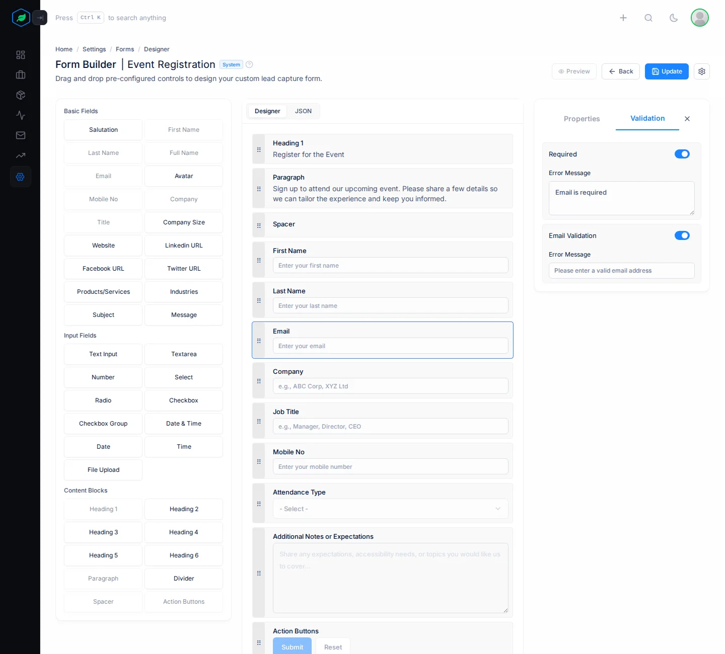 The Validation tab for the Email field, with Required and Email Validation turned on and their error messages