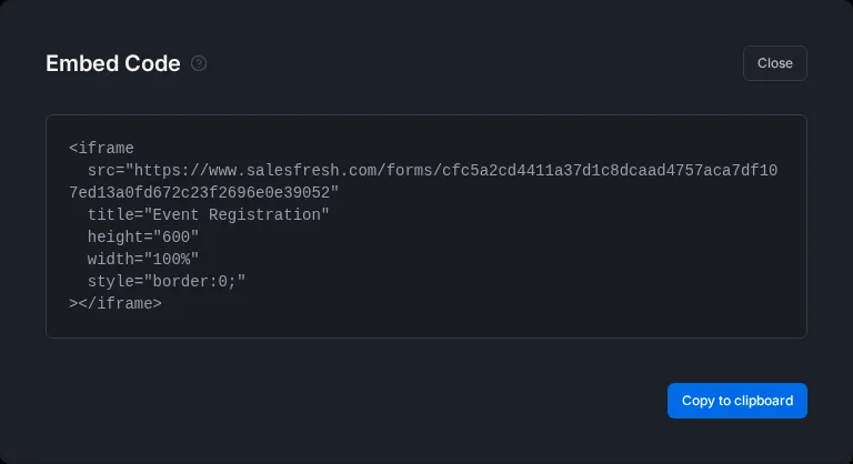 The Embed Code window with the iframe code and the Copy to clipboard button