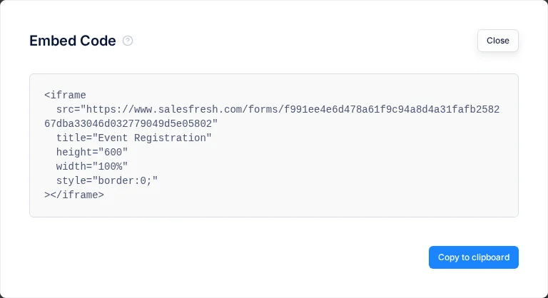 The Embed Code window with the iframe code and the Copy to clipboard button