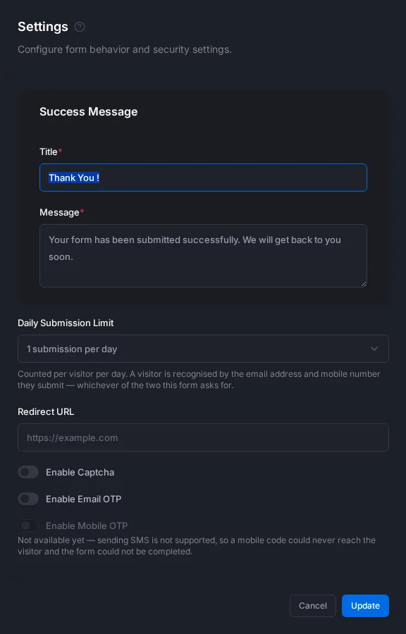The form Settings panel with the success message, daily limit, redirect URL and security options