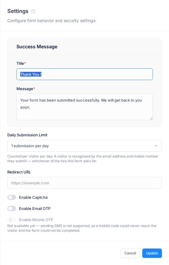 The form Settings panel with the success message, daily limit, redirect URL and security options