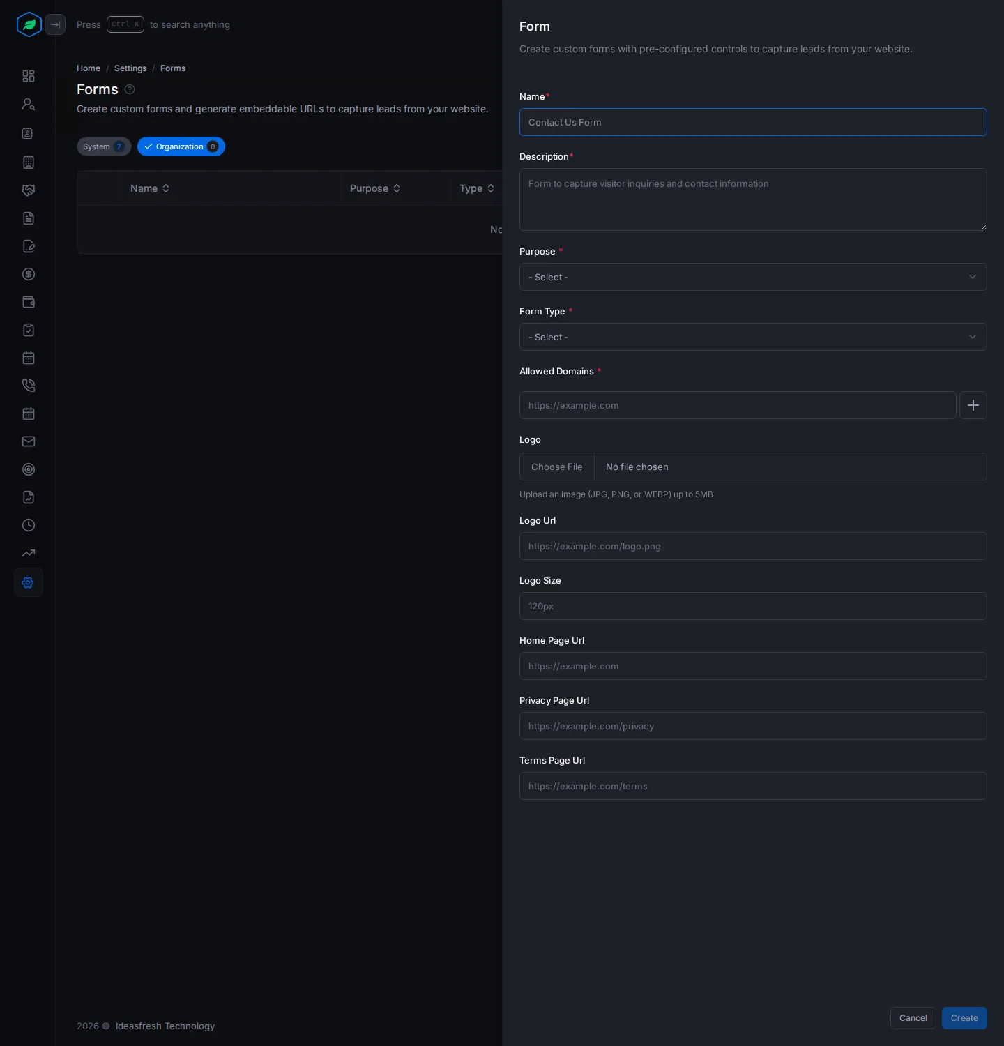 The Form panel with Name, Description, Purpose, Form Type, Allowed Domains and the logo and page fields
