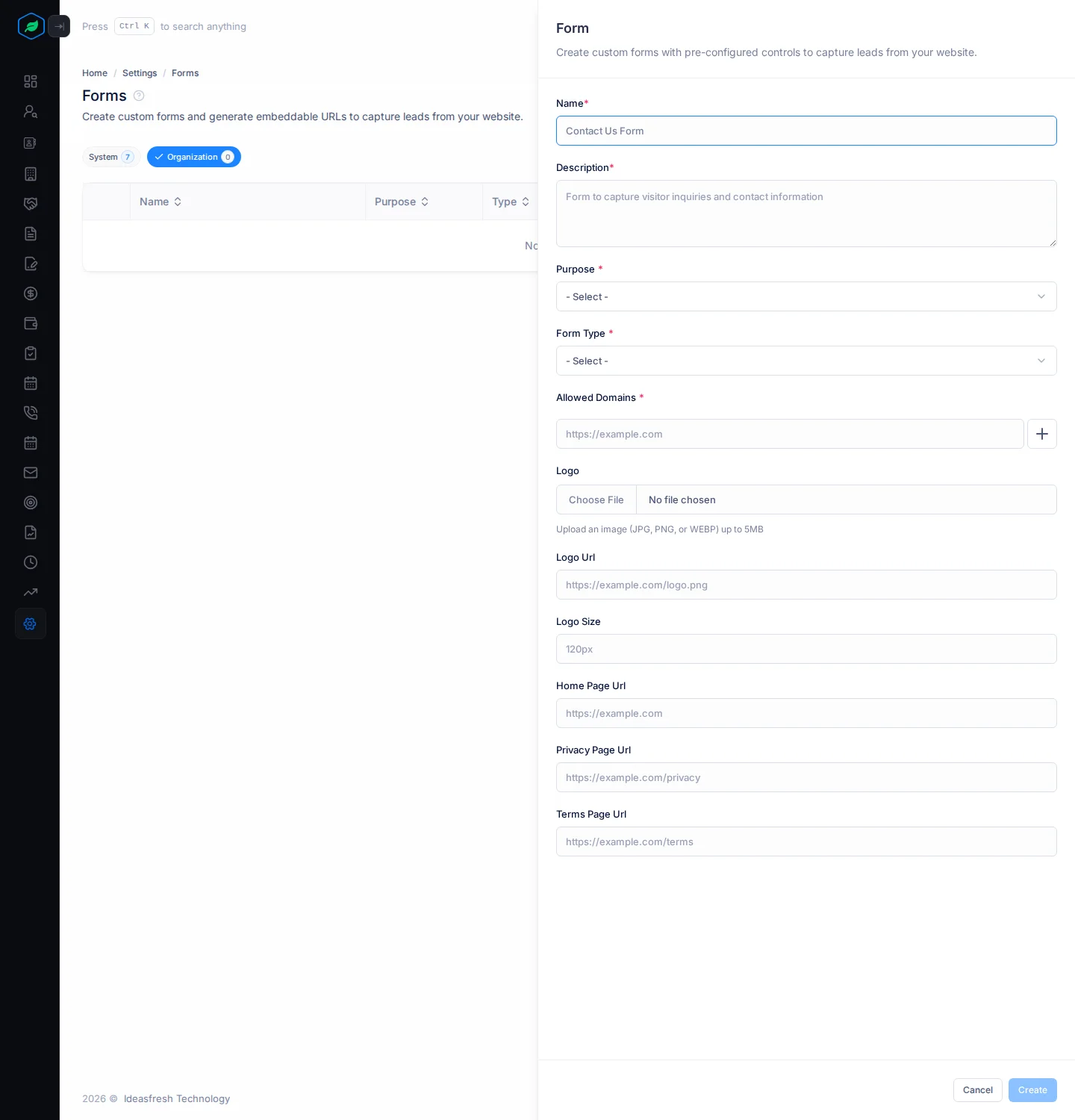 The Form panel with Name, Description, Purpose, Form Type, Allowed Domains and the logo and page fields