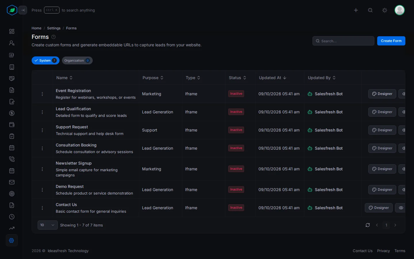 The Forms page with the System and Organization tabs and a row for each form
